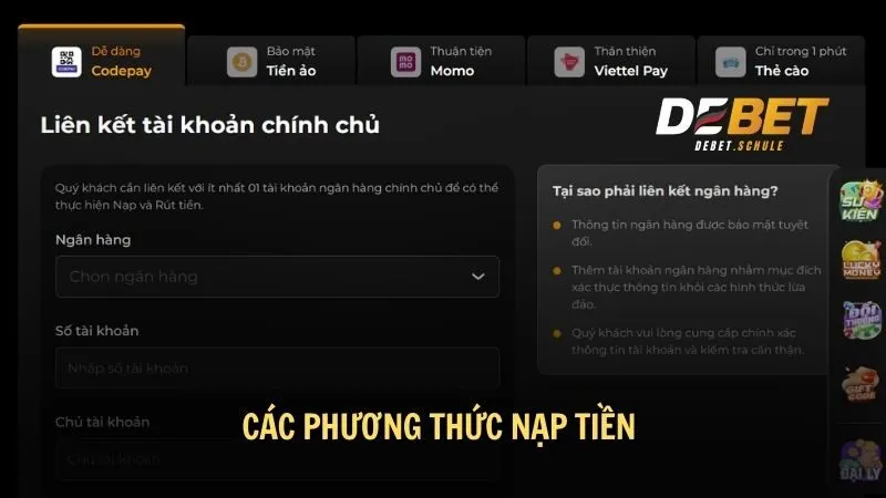 Các phương thức nạp tiền để nhận thưởng 30% lần 2 tại DEBET